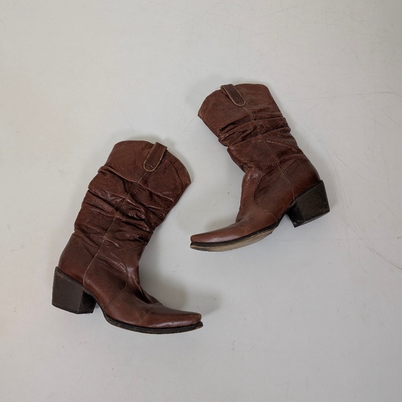 Brown Leather Cowgirl Cowboy Boots Mesh Lining Heeled Slouchy - Picture 9 of 12